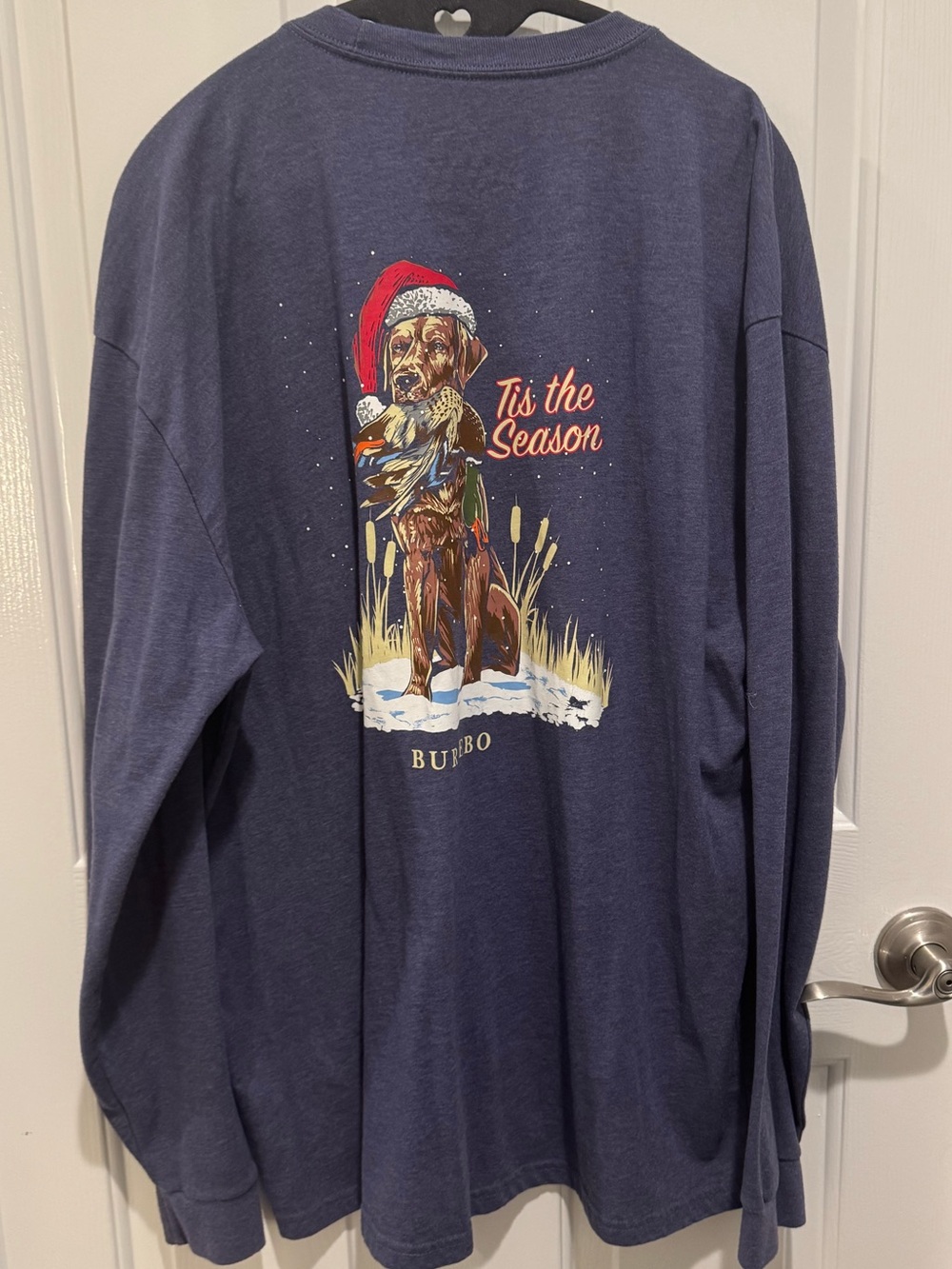 Mens BURLEBO Blue Tis the Season Dog Graphic Long Sleeve Tee Size XL